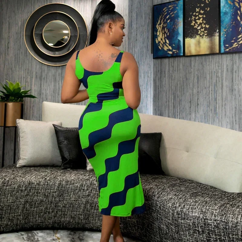 GUWU Tie Up Side Split Wave Stampa Aderente O-Collo Canotta Abito da donna Estate Sexy Party Midi Matita Abiti Abiti