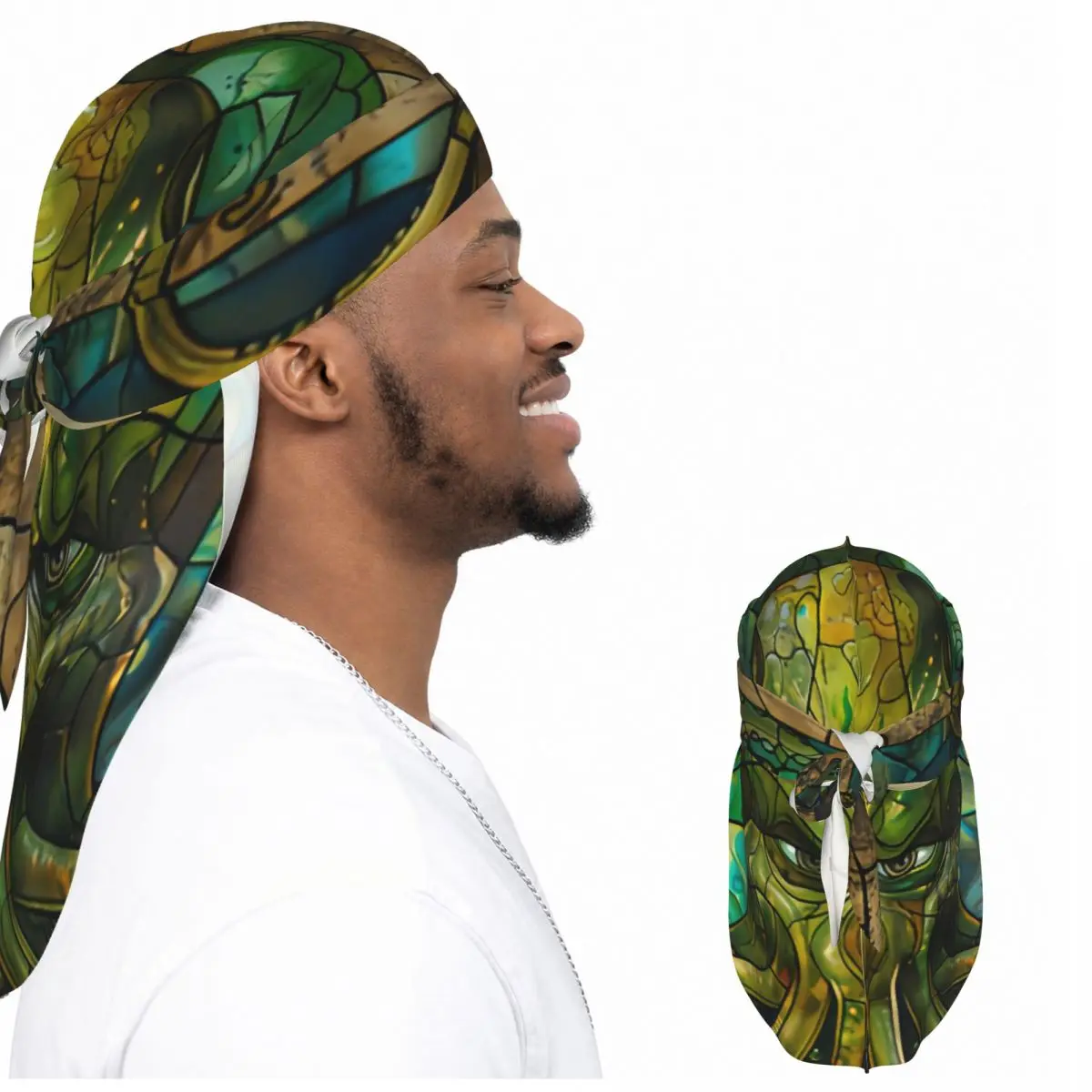 Men Satin Long Tail Doo Rag Durag Octopus In The Stained Glass Window Illustration Head Wrap Hair Scarf