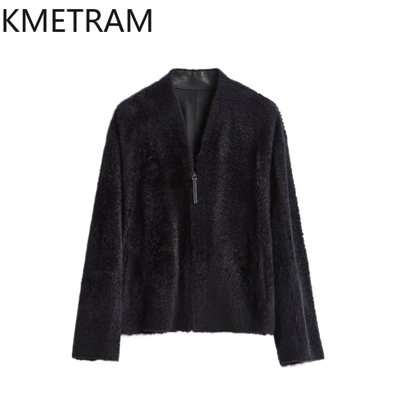KMETRAM Top Quality 100% Lacon Sheep Shearling Fur Jacket Short Fourrure Femme Coats for Woman V-neck Winter Jackets Woman Шуба