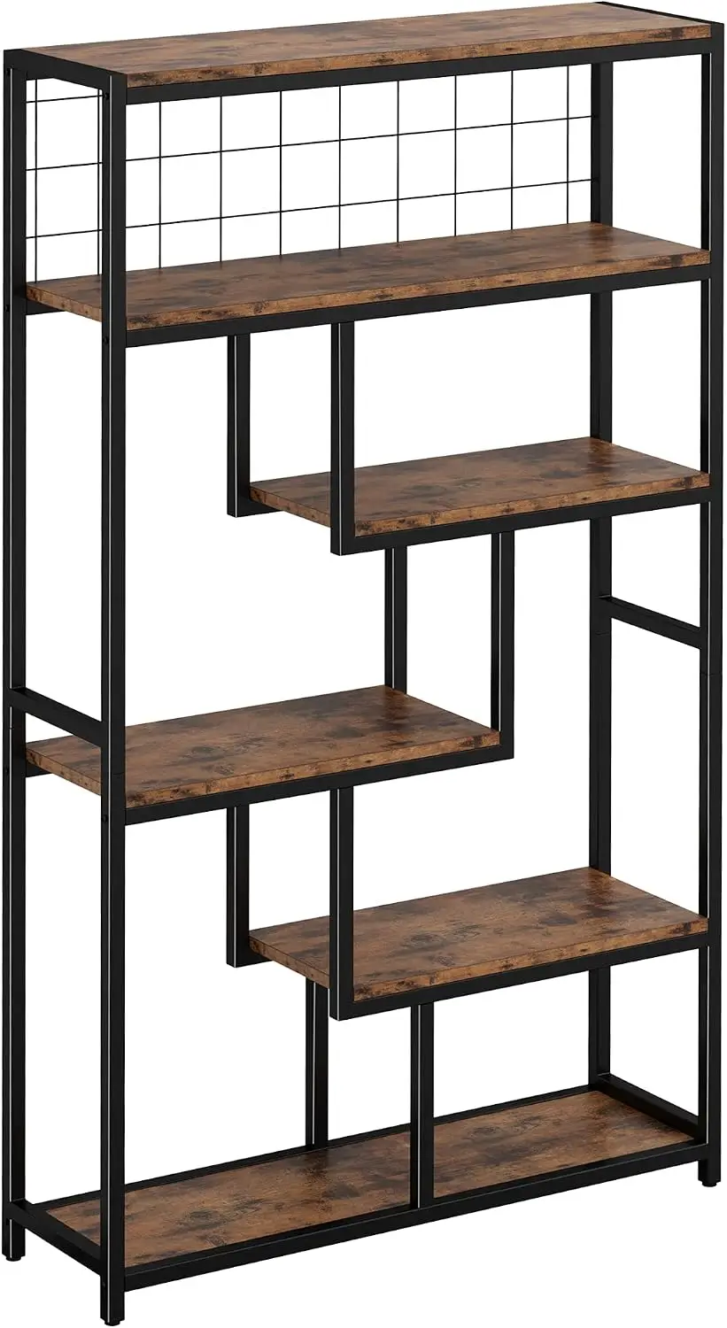 Bookshelves 6 Tiers Industrial Etagere Heavy Duty Shelves Living Room Office Storage Geometric Display Bookcase Vintage Brown