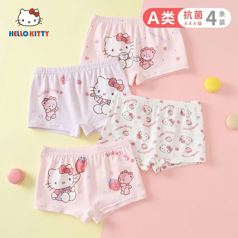 4Pcs Sanrio Hello Kitty Girls Underwear Kawaii Anime Pure Cotton Cotton Boxer Briefs Cartoon Cute Antibacterial Shorts Kid Gift