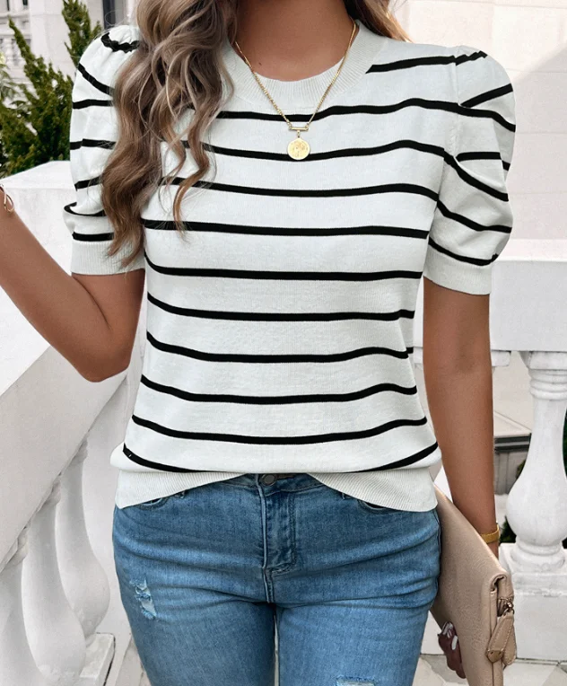 

Bubble sleeve round neck contrasting sweater, fashionable and casual, new women's clothing for summer 2025