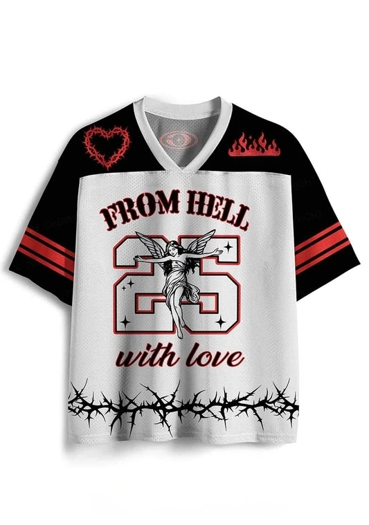 Gothic Angel Graphic Football Jersey, V Neck Short Sleeve Y2K Streetwear Top, Thorn Heart Print Halloween Party Outfit