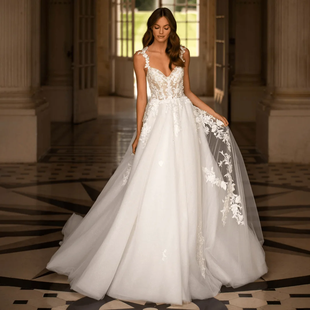 تول السباغيتي الأشرطة فساتين الزفاف الكلاسيكية يزين عارية الذراعين ألف خط بوهو رداء دي ماري المرأة الجنية الزواج فستان طويل