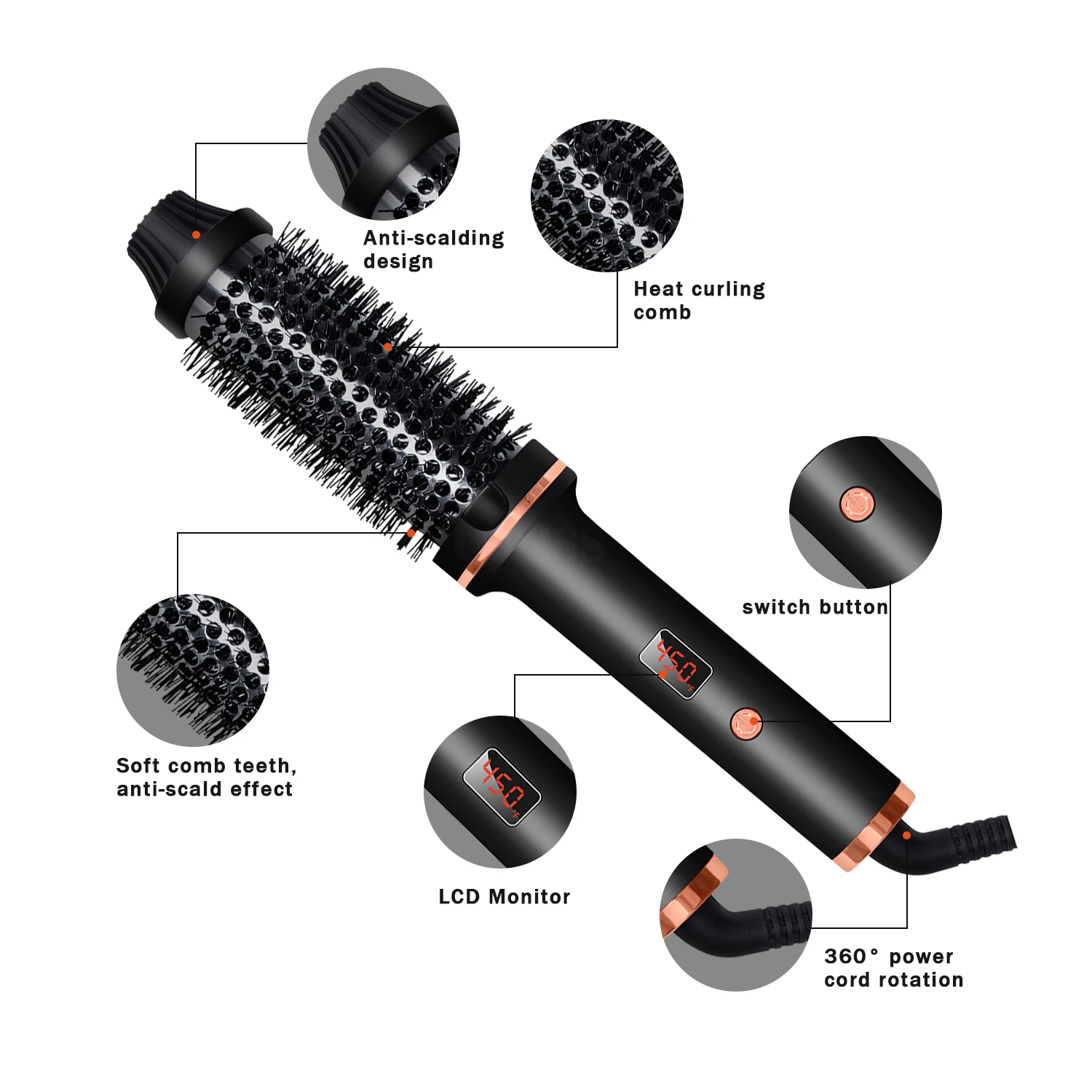 Curling Iron Brush PTC Heated Thermal Brush Ceramic Hair Curler Hot Brush Create Loose & Volume Curls Heating Hair Styling Brush