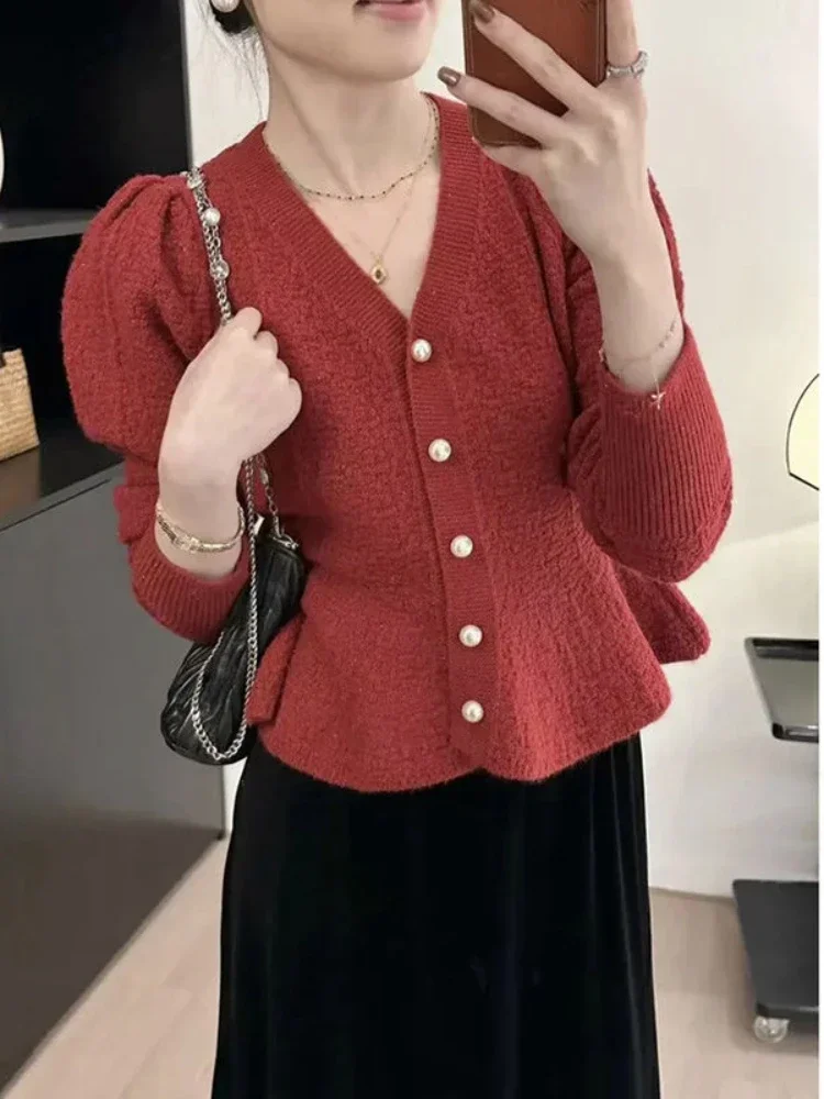 Ezgaga Knitted Cardigan Women French Style Chic Pearl Button Autumn Winter Fashion Sweater Outwear Slim Elegant Crop Tops Ladies