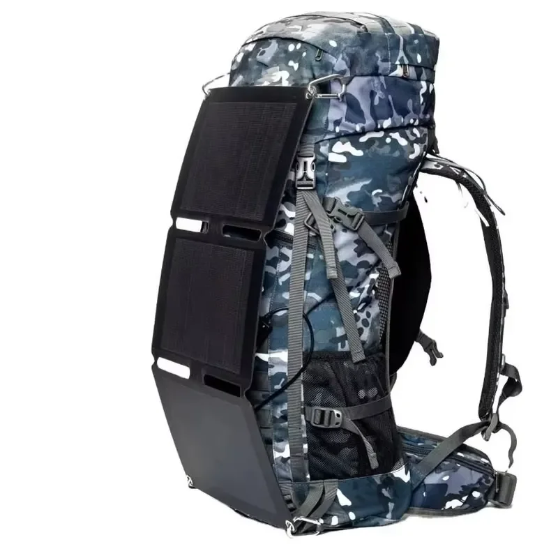 for Smart Solar Panel Hiking Backpack 50L Custom Outdoor Waterproof Travel Climbing Bag Charger Pack Oxford Material