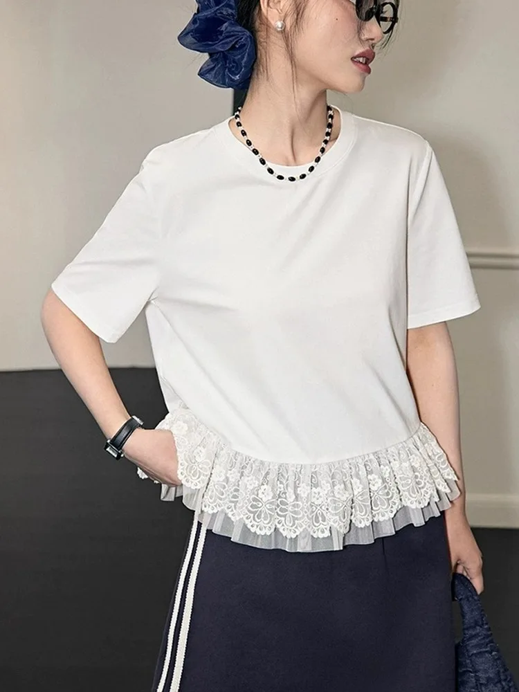 Bluzka damska letnia z falbankami i koronką, prosty krój, luźny krój, styl koreański, idealna do pracy.