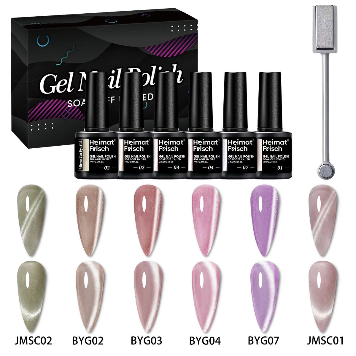 

6 piece set of 7ml Crystal Cat Eye and Moon White Gel Nail Polish Holographic glitter, semi transparent, suitable for salon.