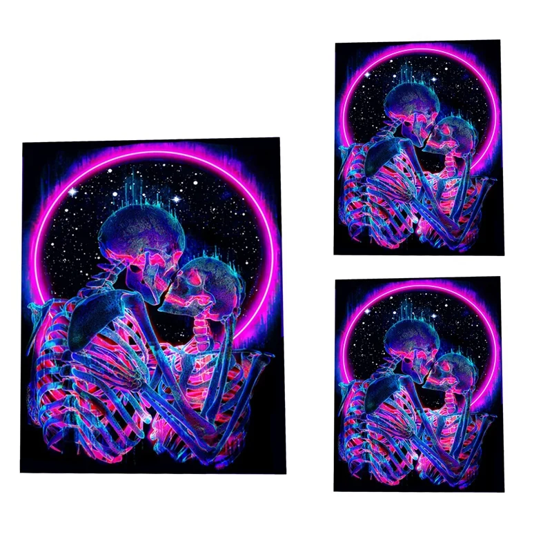 

New Blacklight Skull Tapestry, The Kissing Lovers Tapestry UV Reactive Trippy Psychedelic Neon Tapestries Glow