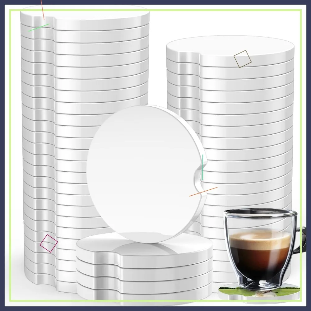 

50pcs Ceramic Car Coasters, Absorbent Sublimation Blanks with Finger Notch for Easy Removal, Prevent Spills and Stains