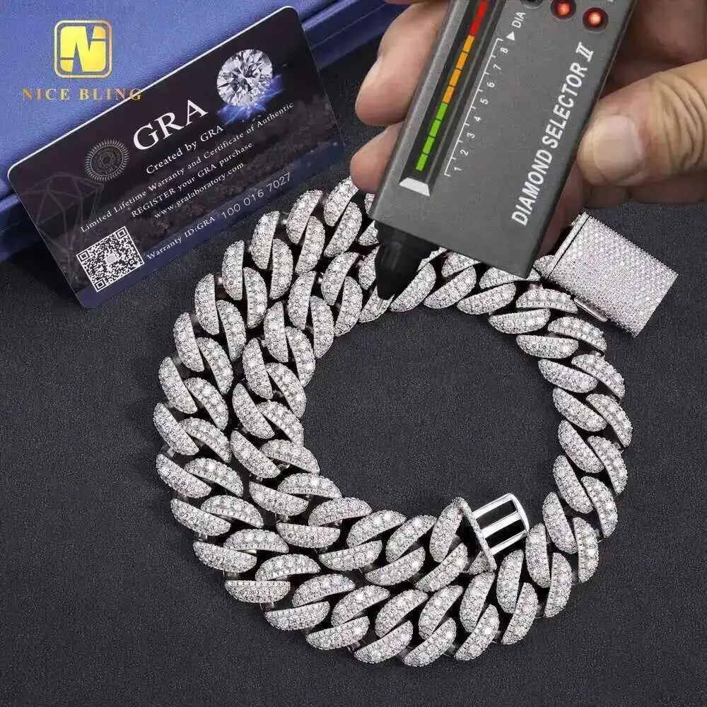 

Iced Out Hip Hop Moissanite Cuban Link Chains Big Size 925 Silver Moissanite Diamond Cuban Necklace 20mm 3rows 18k Gold Plated