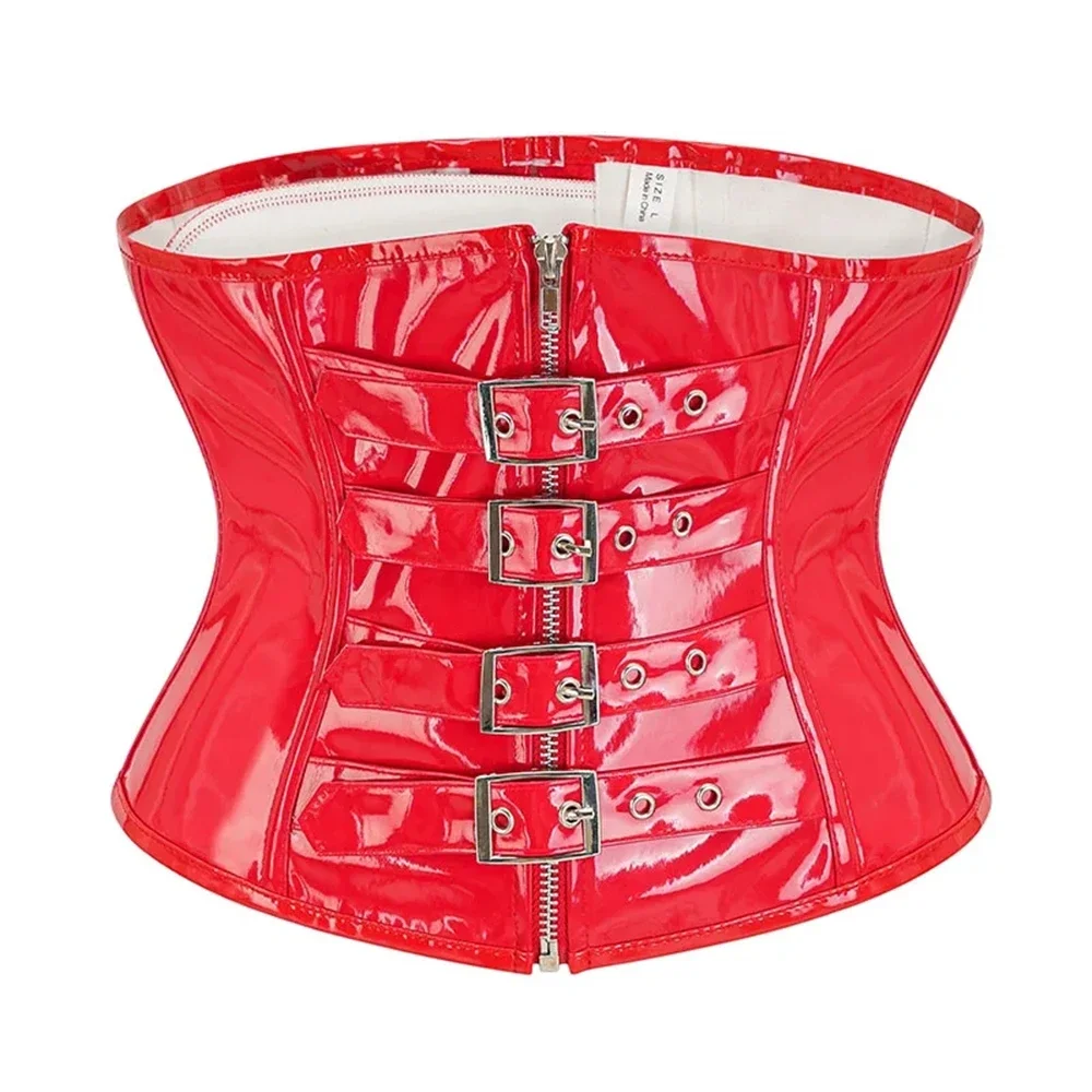 Shiny PVC Steampunk Corset Top Women PU Leather Underbust Waist Cincher Gothic Black Red Bustiers Corselet