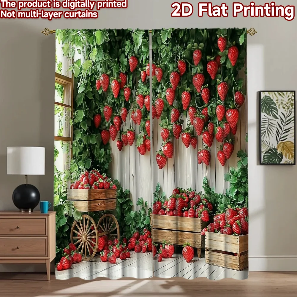 2D flat 2pcs Curtain Vintage drapes and curtains Hanging Strawberry Garden Digitally printed polyester, colorfast Festive Wall