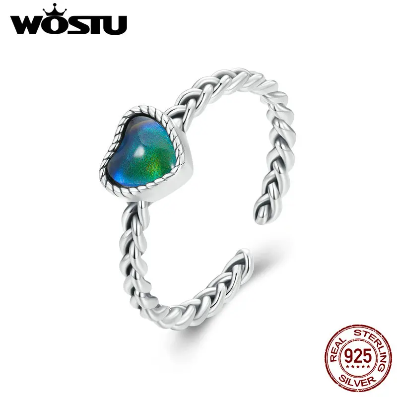 WOSTU 925 Sterling Silver Simple Twist Heart-Shaped Open Rings For Women Vintage s925 Change Color Party Rings Fine Jewelry Gift