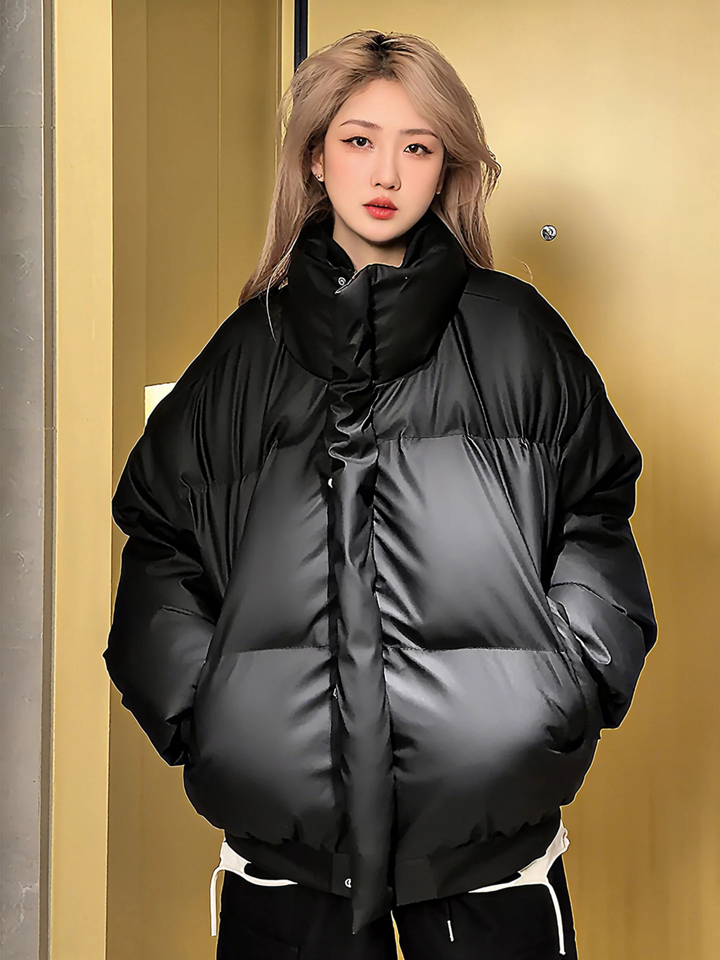 

Bla Puffer Jaet Men's Winter Thiened American Sle ort Bread Sle Stand Collar down Cotton Coat Couple PU Leather