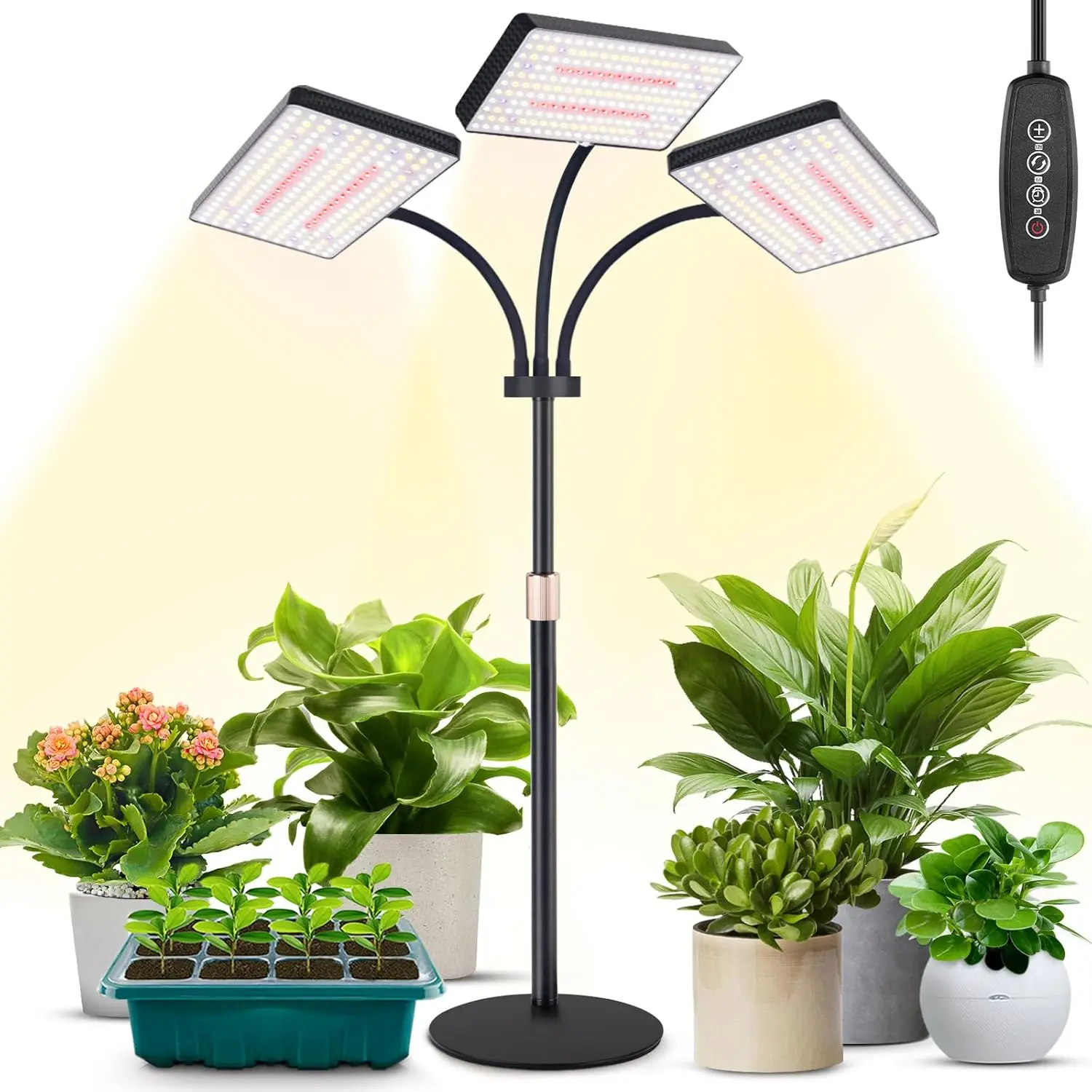 

Tri-Head Full Spectrum LED Grow Light with Timer, Dimmable Levels, Adjustable Height for Indoor Plants