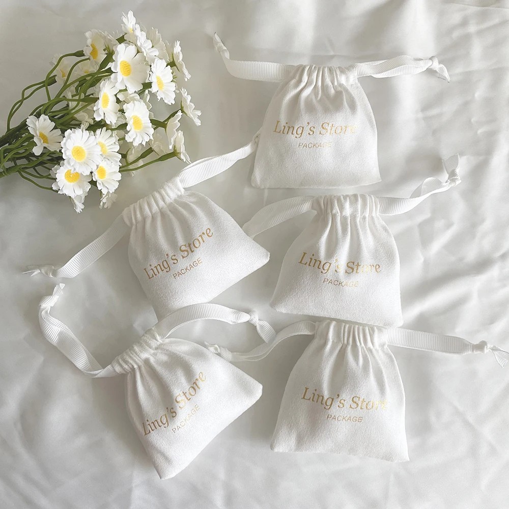 

100Pcs Personalized Logo White Jewelry Drawstring Bag Velvet Packaging Pouches Chic Wedding Favors Flannel Cosmetic Candy Pocket