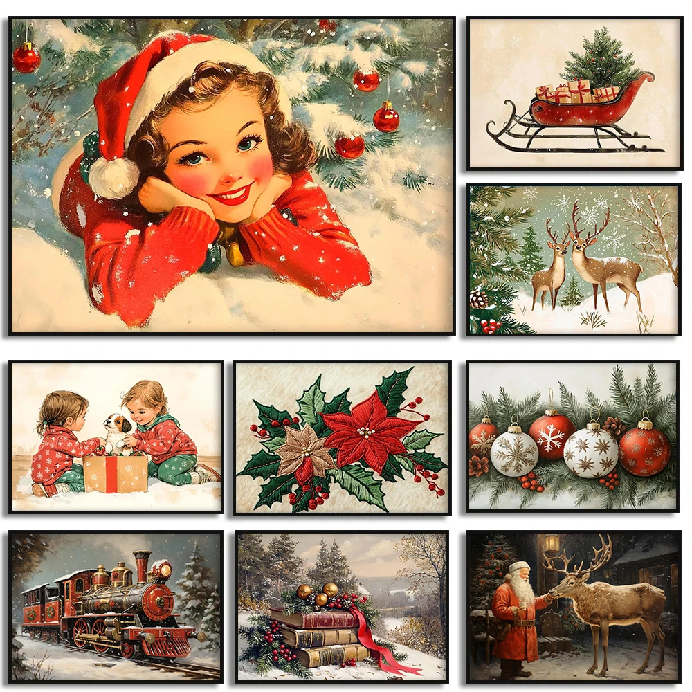 Vintage Christmas Flower Rustic Pickup Sleigh Reindeer Posters and Prints Canvas Printing Wall Art Picture for Living Room Decor