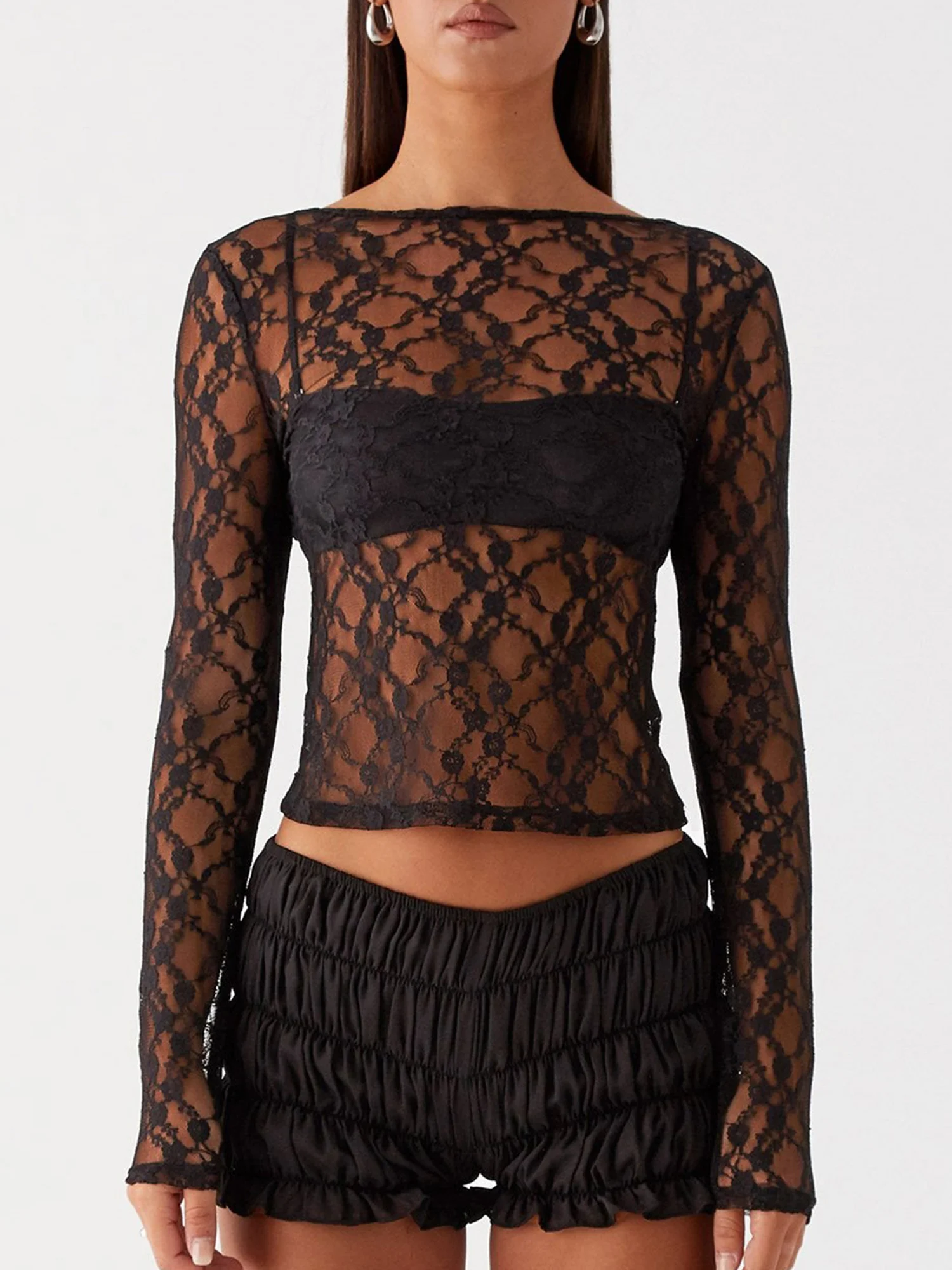 Women s Lace Crop Top with Cutout Back and Long Sleeves Perfect for Clubwear and Street Style Fashionistas Looking for