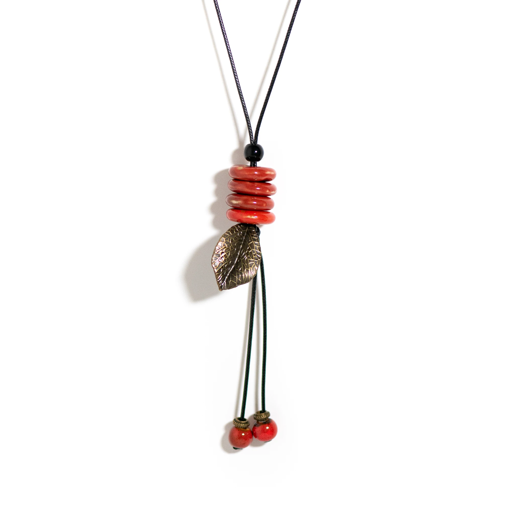 Handmade Ceramic Necklace with Adjustable Length, Multi-Color Beads, Leaf Pendants, Vintage Style for Women, 25g, DIY Jewelry