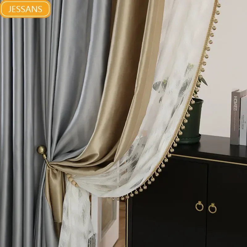 Light Luxury High-end Imitation Bright Color Pure Cotton Modern Simple Color Matching Curtains for Living Dining Room Bedroom