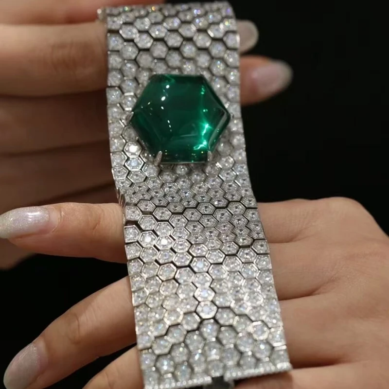Bellux Luxury Banquet Jewelry Bracelet 925 Silver Green Zircon Wide Edition Full Diamond Fancy Shape Emerald Sparkling Bracelet