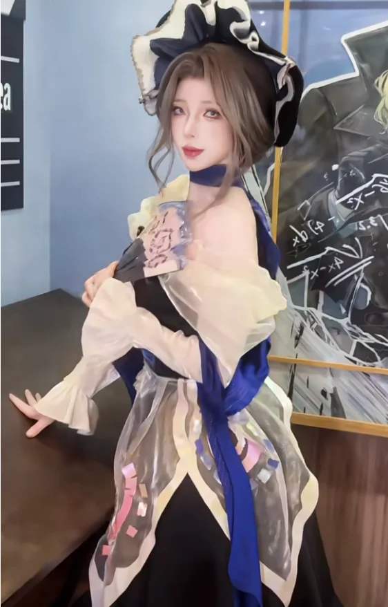 Disfraz de cosplay de Anime Reverse:1999 Ms Stranger, elegante vestido azul oscuro, sombrero, máscara, uniforme de carnaval de Halloween para mujer