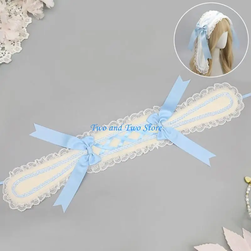 HX6F Bunnies Ears Headband with Bows Lace Ribbon Lolitas Headwear Halloween Costumes