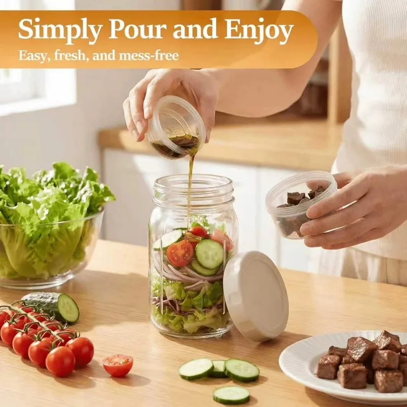 Glass salad jars (2-pack, with lids) – Mason jars，Portable salad containers Lunch jars Food preparation containers