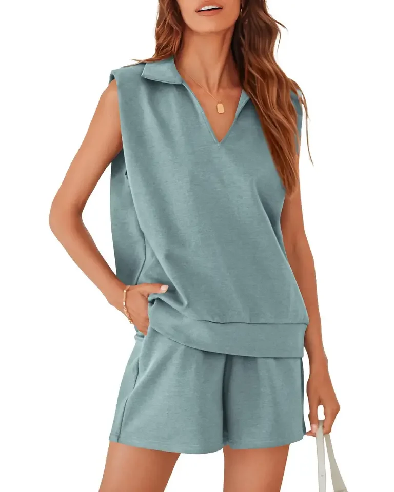 الصيف 2 قطعة مجموعة المرأة نمط عادية الخامس الرقبة أكمام قميص بولو مرونة علوية + الخصر السراويل الرياضة رداء غير رسمية