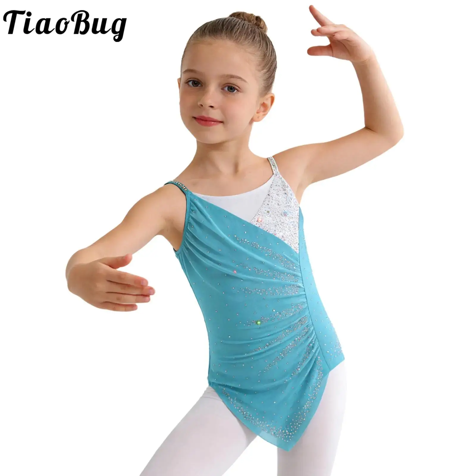 

Kid Girls Rhythmic Gymnastics Figure Skating Ballet Dresses Sleeveless Sleeveless Ruched Rhinestones Leotards Bodysuit Dancewear