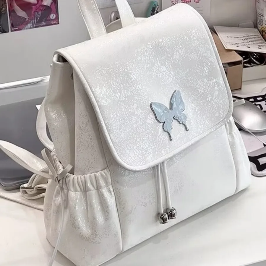 

【New Arrival】White Glitter Butterfly Backpack, Cute Drawstring Flap Rucksack, Fashion Casual Daypack for School, Travel & Daily Use