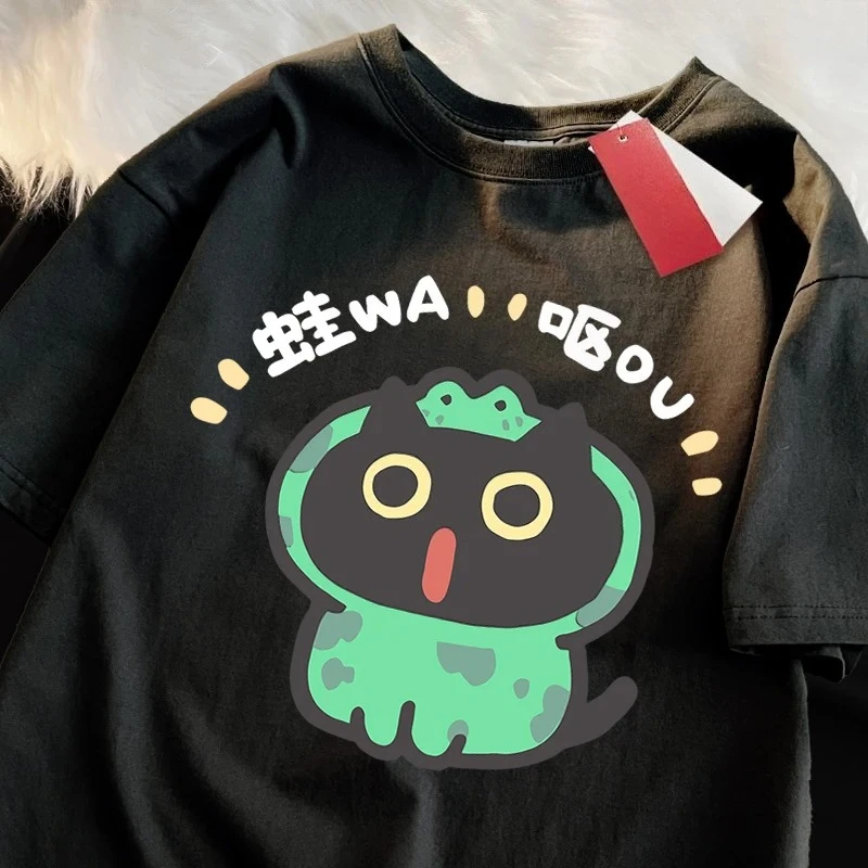 لعب الأدوار الضفدع القط تي شيرت المرأة Crewneck بلايز عادية عرق تي شيرت نمط فضفاض قصيرة الأكمام تيز الجرافيك تي شيرت Y2K #4