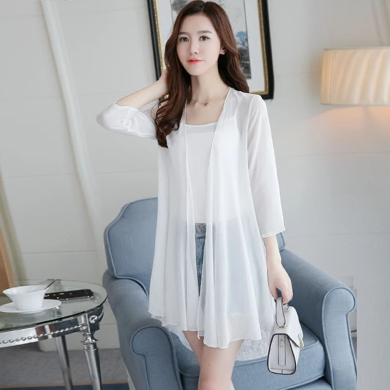 Spring Summer Women Three Quarter Sleeve Chiffon Shirt Thin Cardigan Sun Protection Clothing Sexy Hollow Lace Shawl Top Y268