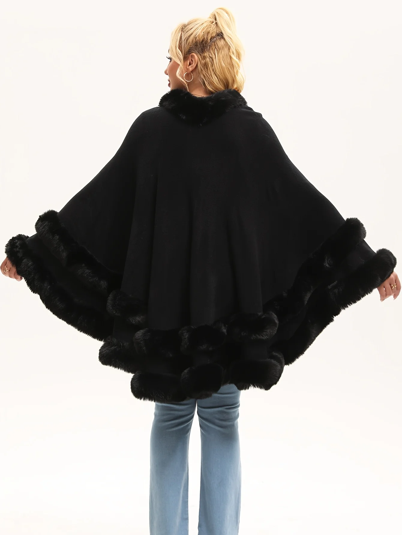 Solid Color Cape Shawl Cardigan with Double-Layer Faux Fur Decoration Fashionable Acrylic Fabric Knitted Shawl Perfect