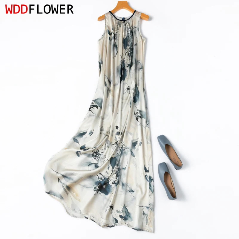 

Women Silk Dress 93% Mulberry Silk 7% Spandex White Floral Printed Sleeveless Loose Type Tank Dress O neck Midi Dress M1202