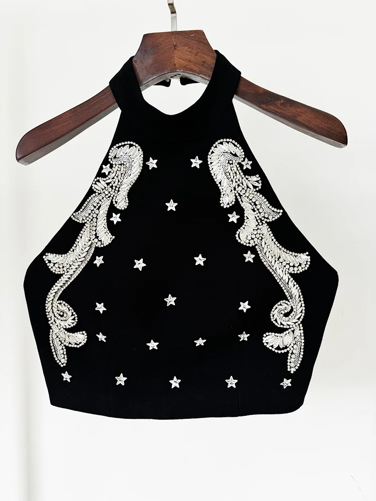 HIGH QUALITY Beaded Inlaid with Diamond Sequins Dress 2024 New Designer Stunning Halter Neck Camis Top Mini Skirt Set 2pcs Suits