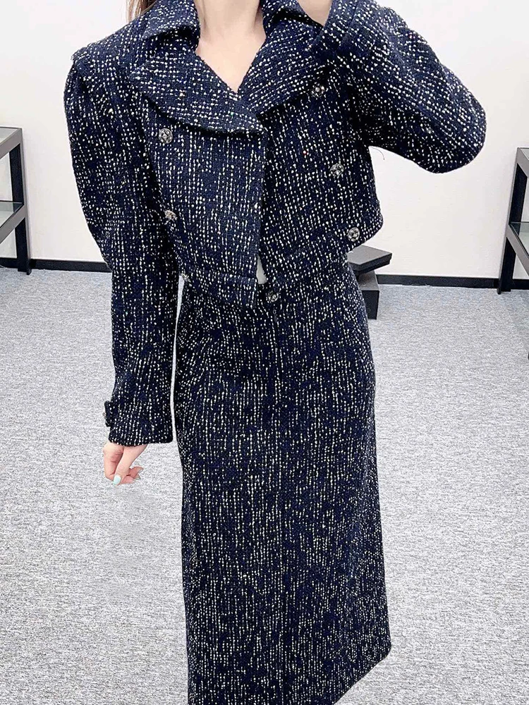 

Осенняя женская твидовая короткая куртка с длинным рукавом, двубортное укороченное пальто с лацканами и блестящими пайетками, элегантный роскошный теплый пиджак