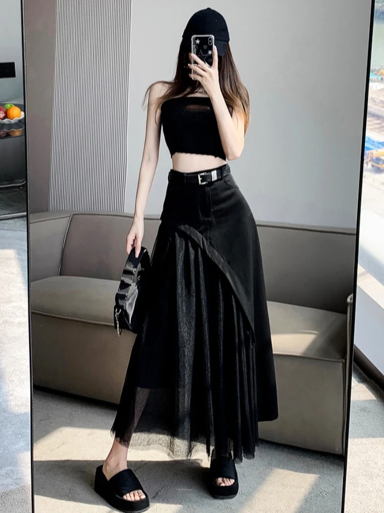 Black Mesh Patchwork Irregular Pleated Skirt 2024 Summer Fashion High Waist A Line Long Skirt Women Elegant Tulle Skirt