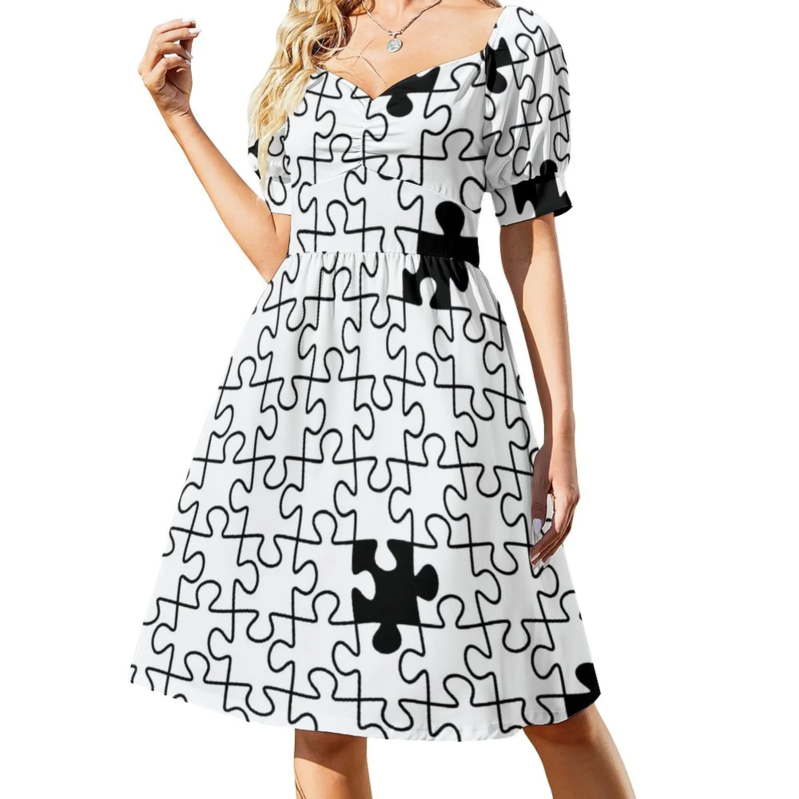 The Missing Piece - Abstract Jigsaw Puzzle Black and White Sleeveless Dress Women long dress summer dress