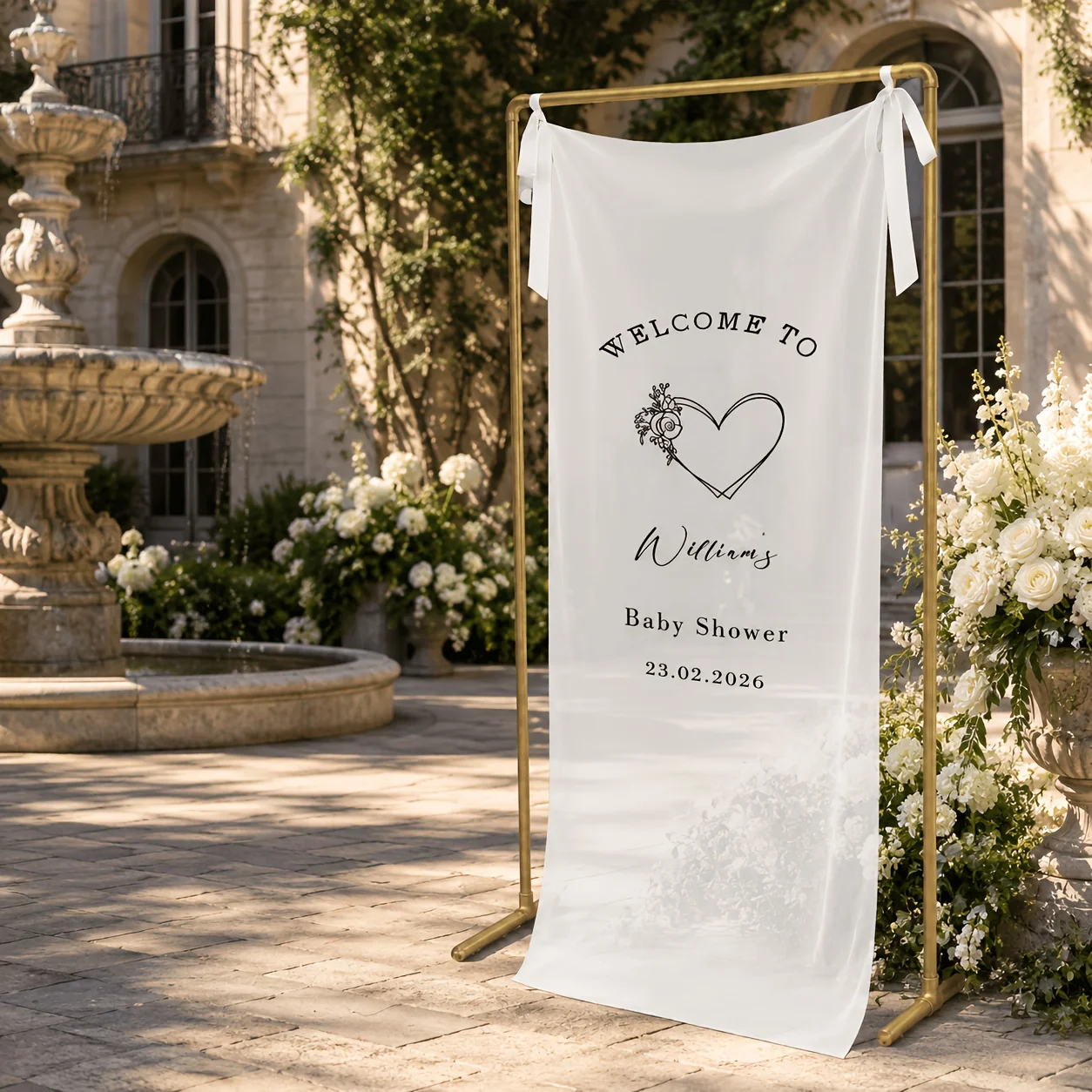 Custom Sheer Fabric Welcome Banner, for Baby Showers Baptisms Christenings Church Entrance Welcome Areas And Floral Party Scenes