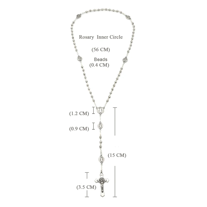 Silver Plated Flower Beads Rosary Cross Necklace Women Men Christian Benedict Jesus INRI Pendant Chain Fashion Religion Jewelry