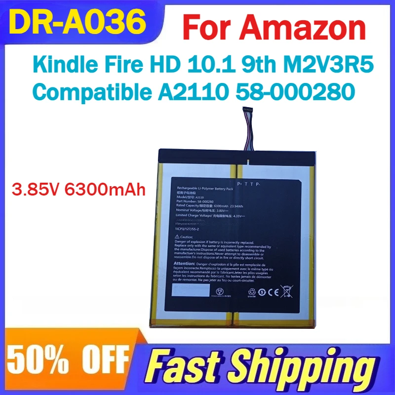 

3.85V 6300mAh DR-A036 Battery for Amazon Kindle Fire HD 10.1 9th M2V3R5 Tablet Computer Compatible A2110 58-000280 Batteries