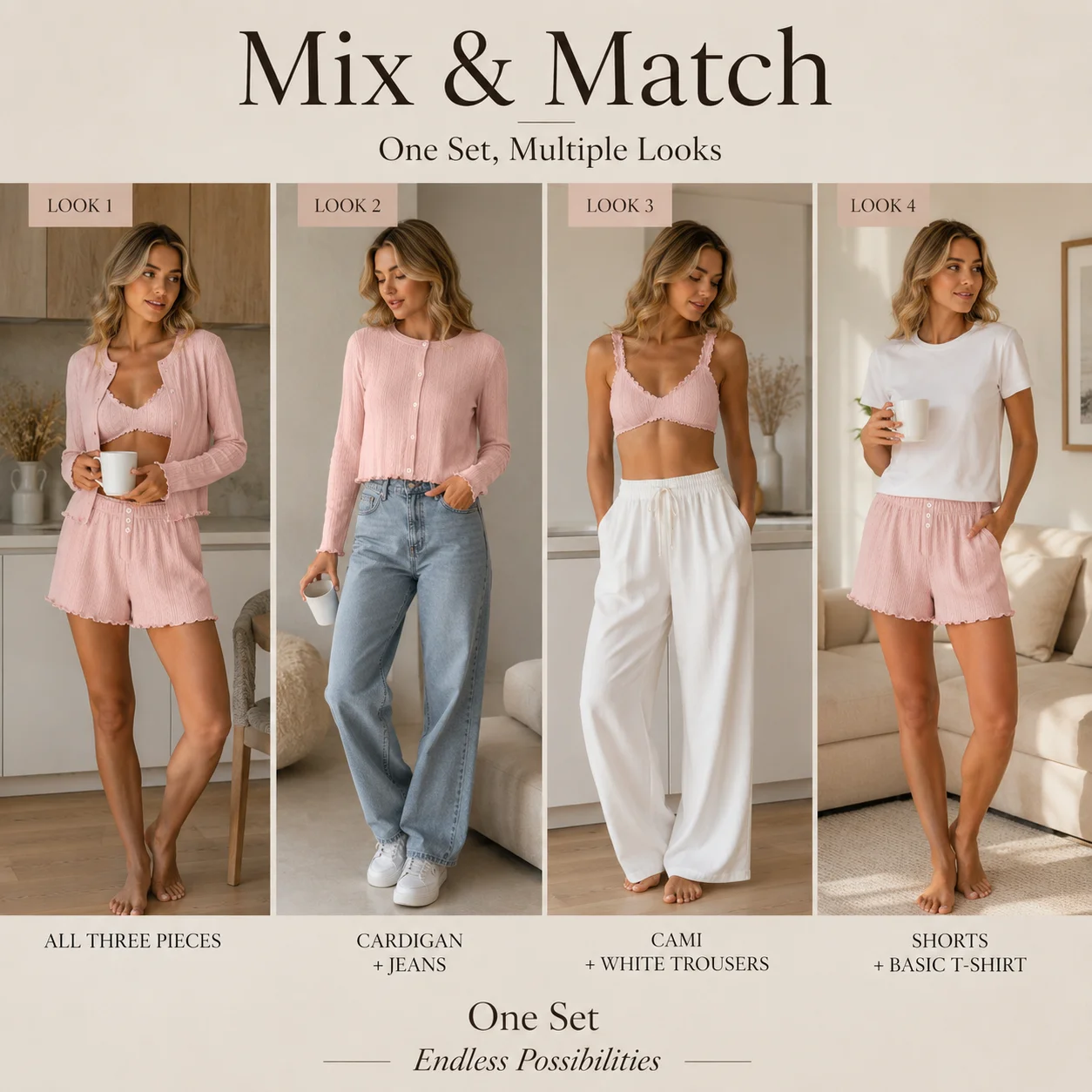 Women's 3 Piece Knit Lounge Set Long Sleeve Cardigan Cami Top Shorts Soft Stretch Cozy Pajama Set Homewear Sleepwear