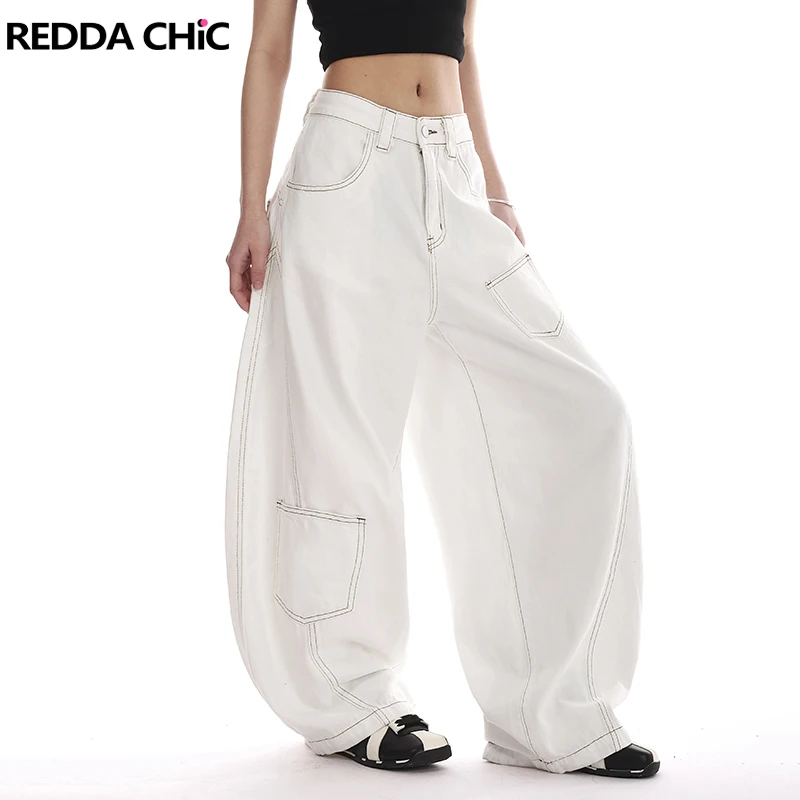 

REDDACHiC швы лоскутные джинсы-карго женские белые бочонки с низкой посадкой и несколькими карманами широкие брюки оверсайз повседневная винтажная уличная одежда