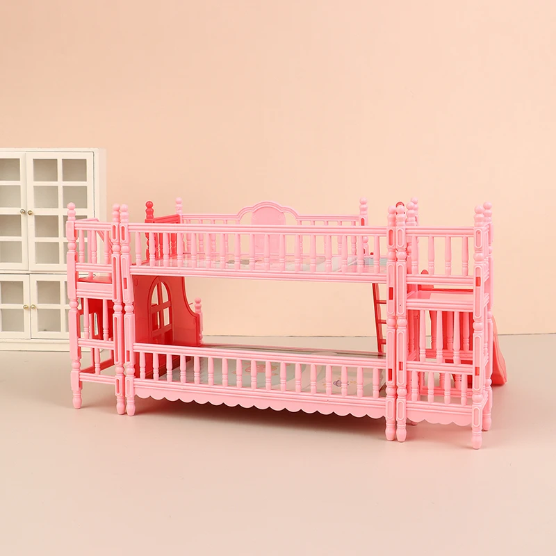 ห้องนอนจำลองบ้านตุ๊กตา: เตียงสองชั้นเจ้าหญิงจิ๋วแสนน่ารักพร้อมสไลเดอร์ อุปกรณ์ตกแต่งเฟอร์นิเจอร์ที่ประณีต
