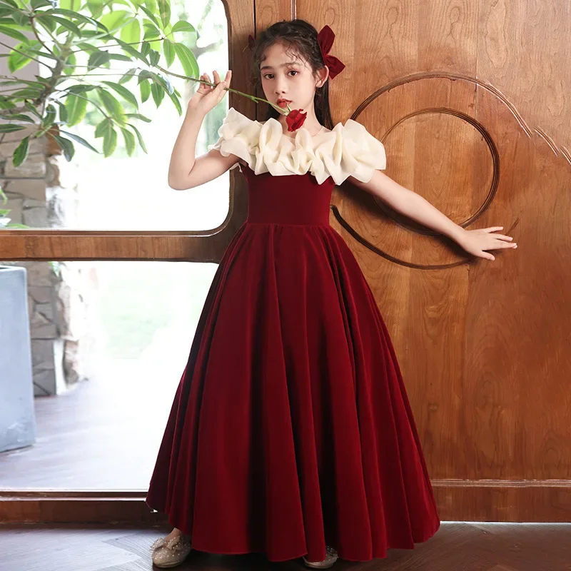 Christmas Party Dresses for Girls Teenage Girl Luxurious Evening Dress Kids Vintage Quinceanera Red Ball Gown Teens Clothes
