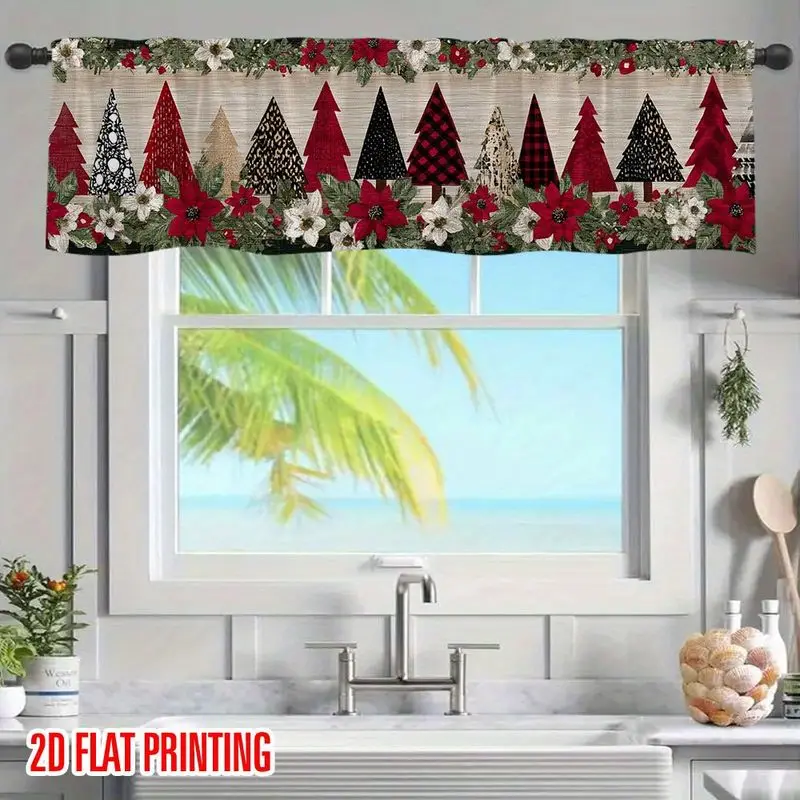VIKAMA Christmas Window Valance White Tree Snowflake Ball Red Short Curtain for Kitchen Bedroom Living Room Home Decor