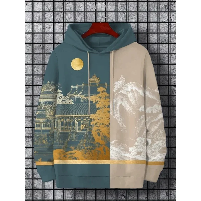 Men's Hoodie Landscape Paint Print Y2k Sweatshirt Harajuku Hooded Shirt Pullover Casual Oversized Long Sleeve Top Men's Clothing